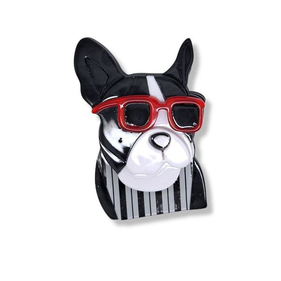 Signed by Artist Boston Terrier Acrylic Red Glasses Dog Brooch Pin - Picture 1 of 3